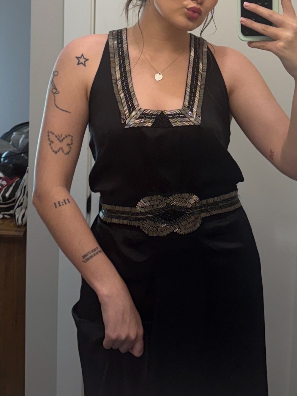 100% Silk French Vintage Black gown with silver beading